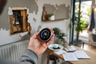 Homeowner holds an unbranded round smart thermostat over an exposed wall and radiator, paperwork and battery unit on the tabl