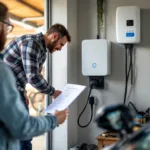 Homeowner plugs EV into garage wallbox, holding a blurred off-peak charging worksheet beside a home battery.