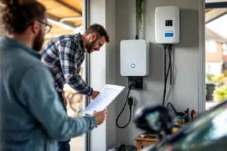 Homeowner plugs EV into garage wallbox, holding a blurred off-peak charging worksheet beside a home battery.