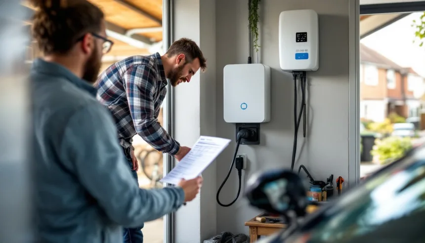 The Best Off-Peak EV Charging Schedules Using AI Apps 1 Homeowner plugs EV into garage wallbox, holding a blurred off-peak charging worksheet beside a home battery.