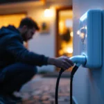 Evening shot of a hand plugging an EV into a home wallbox with a battery unit on the garage wall.