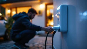 Evening shot of a hand plugging an EV into a home wallbox with a battery unit on the garage wall.