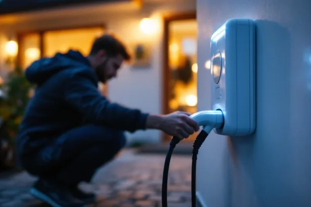 Evening shot of a hand plugging an EV into a home wallbox with a battery unit on the garage wall.