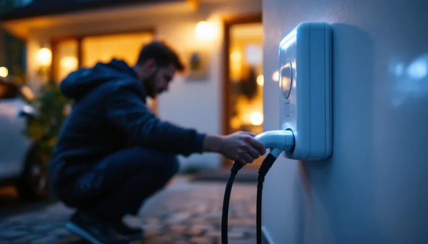 Evening shot of a hand plugging an EV into a home wallbox with a battery unit on the garage wall.