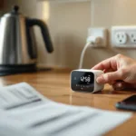 Homeowner fitting a white smart plug beside a kettle while an in‑home energy monitor sits in sharp focus on the table.