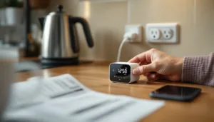 Homeowner fitting a white smart plug beside a kettle while an in‑home energy monitor sits in sharp focus on the table.