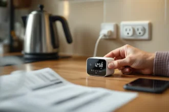 Homeowner fitting a white smart plug beside a kettle while an in‑home energy monitor sits in sharp focus on the table.