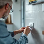 Hands plug an energy‑monitoring smart plug into a utility socket; battery unit and EV wallbox seen blurred in the garage.