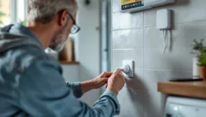 Hands plug an energy‑monitoring smart plug into a utility socket; battery unit and EV wallbox seen blurred in the garage.