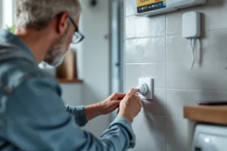Hands plug an energy‑monitoring smart plug into a utility socket; battery unit and EV wallbox seen blurred in the garage.
