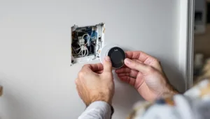 Homeowner's hands installing a tado thermostat backplate over exposed wires, removed Nest and boiler visible in background.