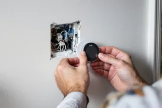 Homeowner's hands installing a tado thermostat backplate over exposed wires, removed Nest and boiler visible in background.