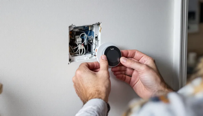 Homeowner's hands installing a tado thermostat backplate over exposed wires, removed Nest and boiler visible in background.