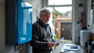 Homeowner studies installer quote beside home battery and EV wallbox in a UK utility room.