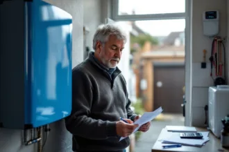 Homeowner studies installer quote beside home battery and EV wallbox in a UK utility room.
