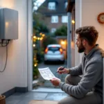 Homeowner in UK utility room checks bill by a home battery while EV charges outside.