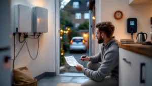 Homeowner in UK utility room checks bill by a home battery while EV charges outside.