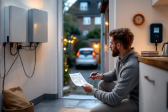 Homeowner in UK utility room checks bill by a home battery while EV charges outside.