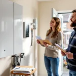 Home battery on a UK utility wall; homeowner holds grant papers while installer works, solar panels and EV charger visible ou