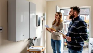 Home battery on a UK utility wall; homeowner holds grant papers while installer works, solar panels and EV charger visible ou