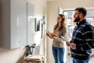 Home battery on a UK utility wall; homeowner holds grant papers while installer works, solar panels and EV charger visible ou