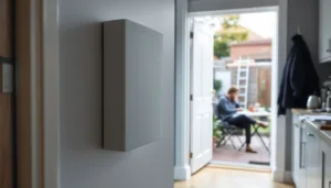 Sharp wall-mounted home battery in foreground; homeowner reviews blurred quotes at kitchen table, EV wallbox visible outside.