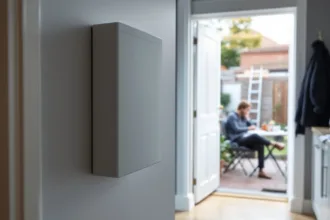 Sharp wall-mounted home battery in foreground; homeowner reviews blurred quotes at kitchen table, EV wallbox visible outside.