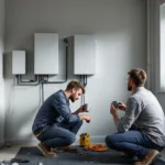 Electrician finishes wiring a wall-mounted home battery in a UK utility room as homeowner watches, EV cable coiled nearby.