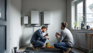 Electrician finishes wiring a wall-mounted home battery in a UK utility room as homeowner watches, EV cable coiled nearby.