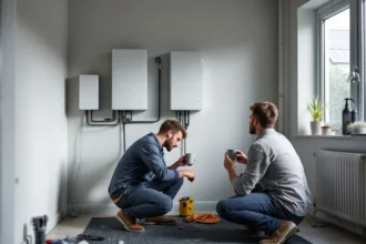 Electrician finishes wiring a wall-mounted home battery in a UK utility room as homeowner watches, EV cable coiled nearby.
