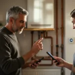 Homeowner points to an unbranded wall thermostat in a utility cupboard while talking to their partner by a combi boiler.