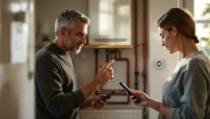 Homeowner points to an unbranded wall thermostat in a utility cupboard while talking to their partner by a combi boiler.
