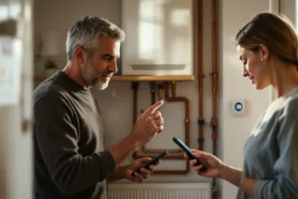 Homeowner points to an unbranded wall thermostat in a utility cupboard while talking to their partner by a combi boiler.